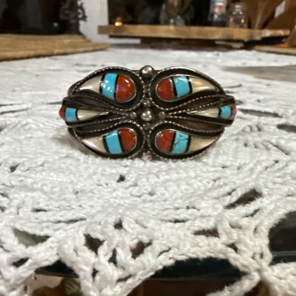 Vintage Zuni Sterling, Turquoise, Coral & MOP - Picture 2 of 10